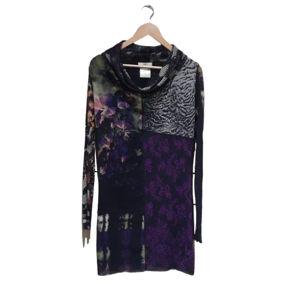 Fuzzi Women's Nylon Dress Patchwork Graphic Print Cowl Neck Size Medium